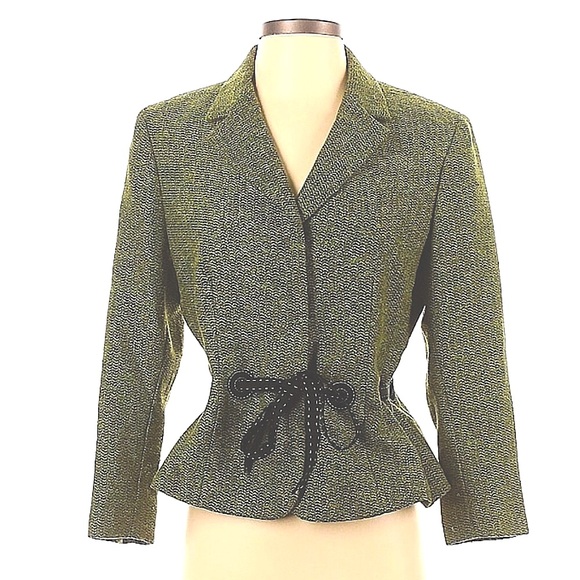 Green VINTAGE Nipon Boutique Green & Black Blazer with Slimming Tie Waist - Picture 1 of 4